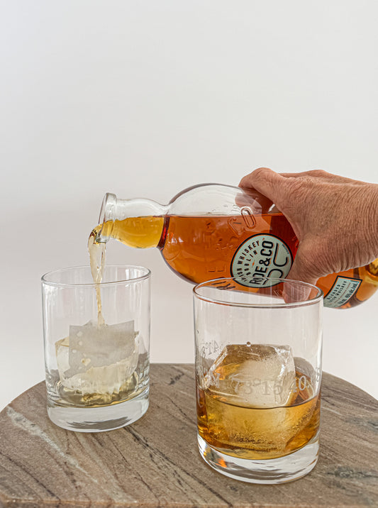 Person pouring a drink from a bottle labeled 'ROE&CO' into two glasses on a wooden surface.