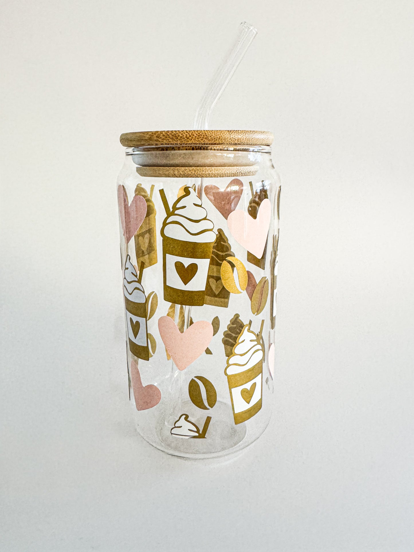 Coffee-themed Valentine tumbler with hearts, bamboo lid and glass straw