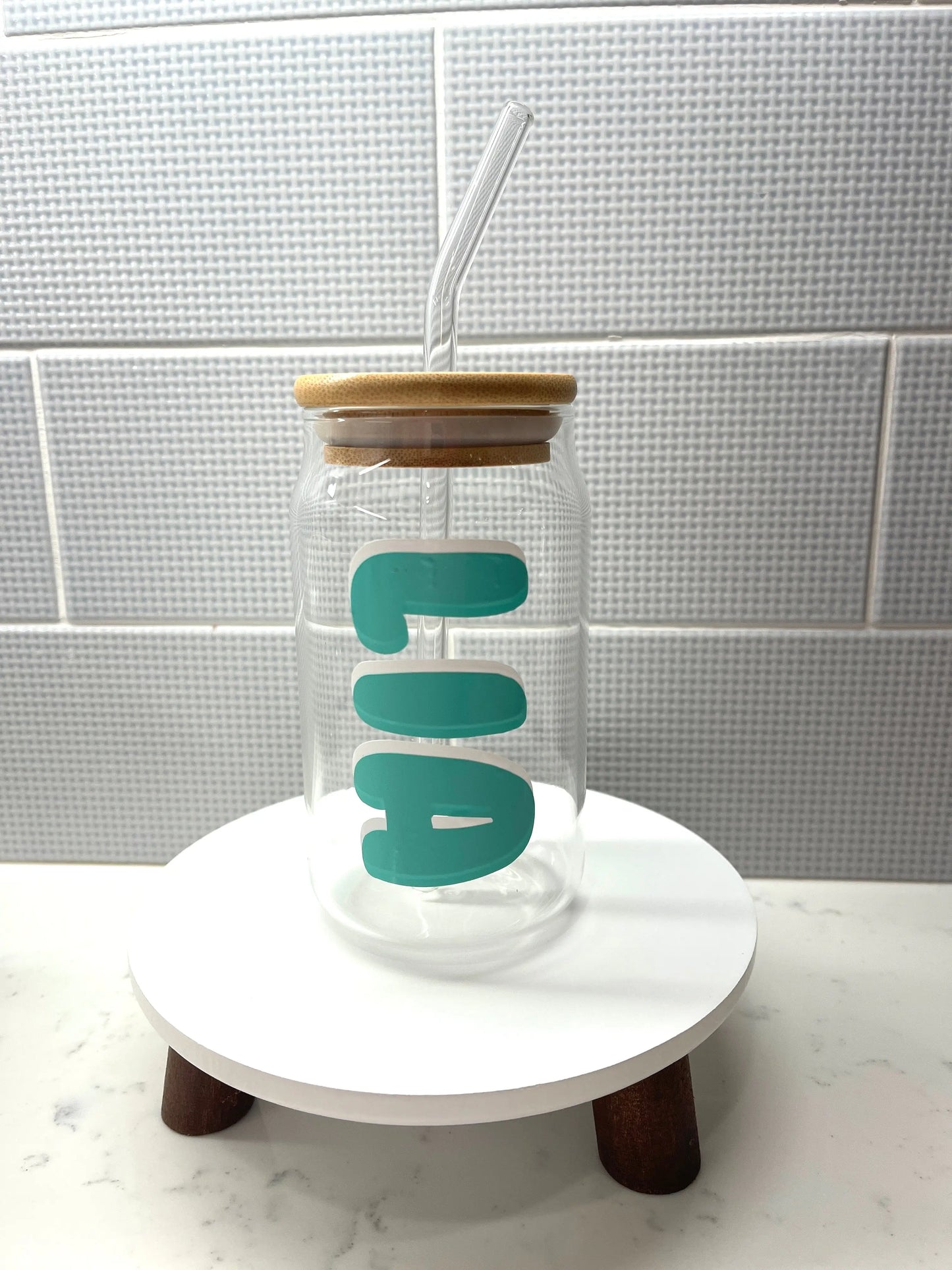 Custom Glass Mugs with Bamboo Lid and Straw Everything Labeled