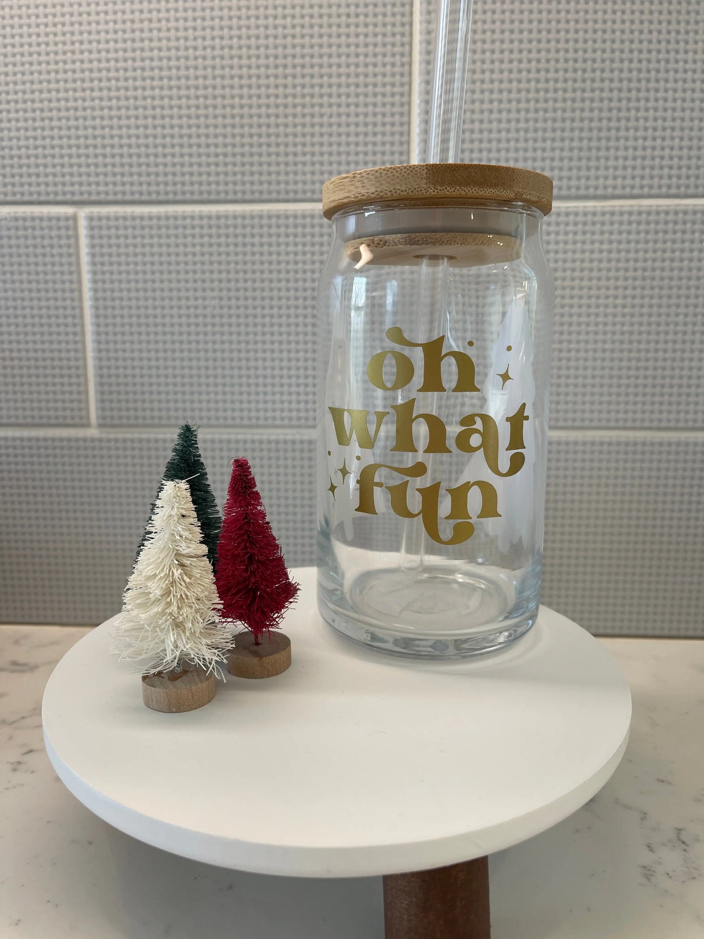 Custom Glass Mugs with Bamboo Lid and Straw Everything Labeled