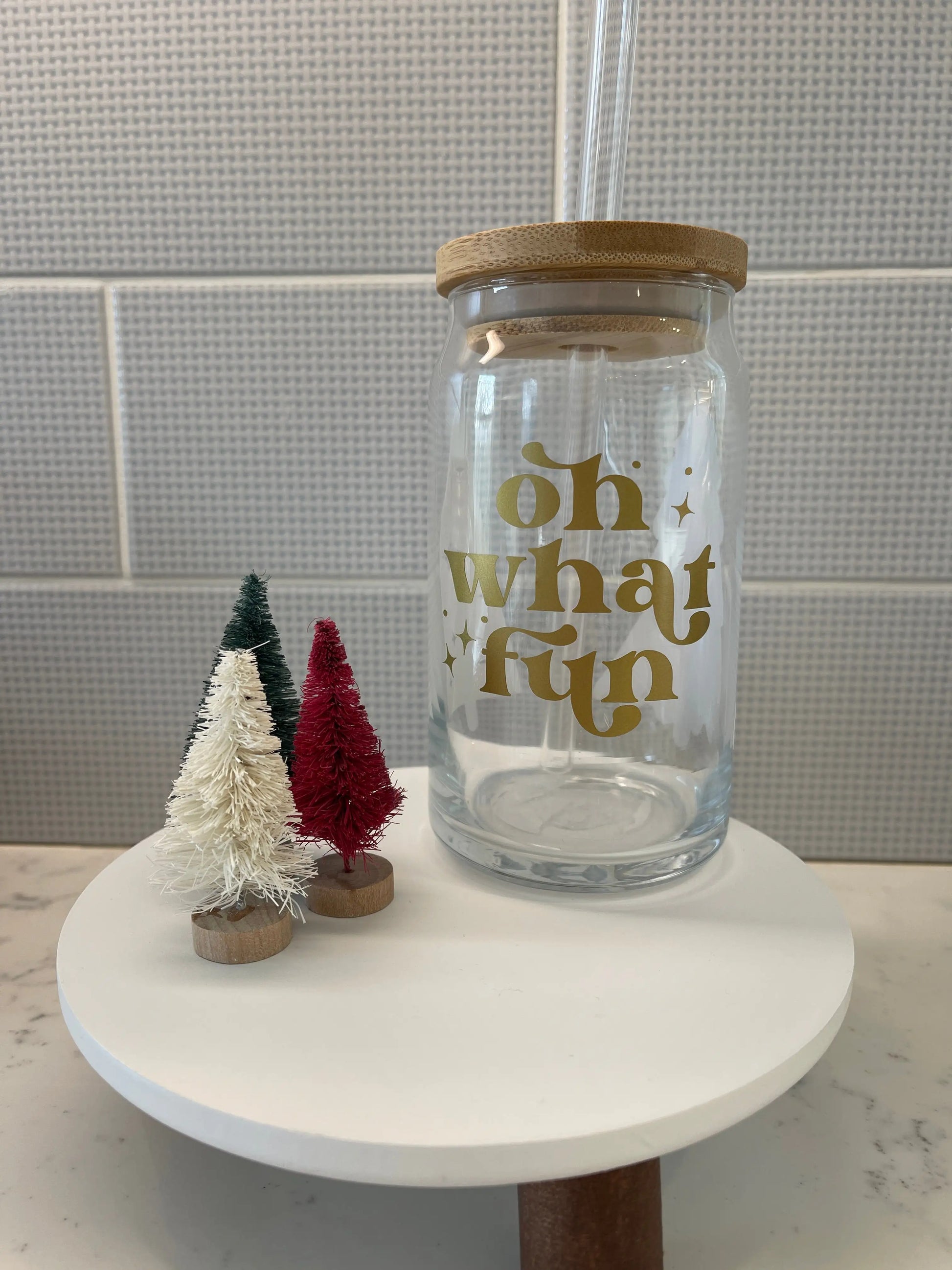 Custom Glass Mugs with Bamboo Lid and Straw Everything Labeled