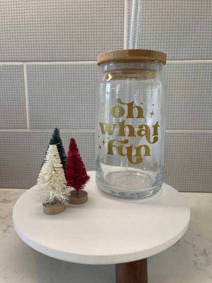 Custom Glass Mugs with Bamboo Lid and Straw Everything Labeled