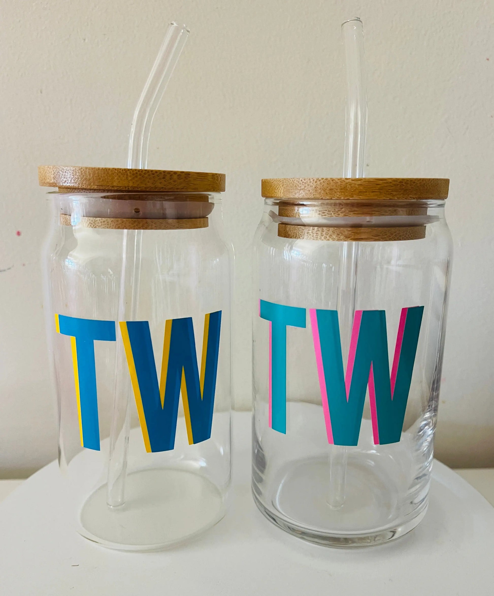 Custom Glass Mugs with Bamboo Lid and Straw Everything Labeled