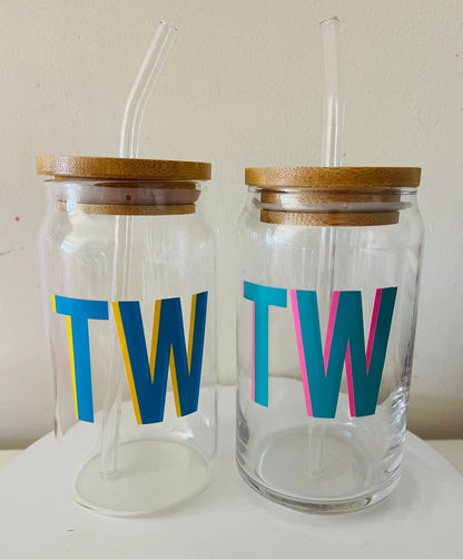 Custom Glass Mugs with Bamboo Lid and Straw Everything Labeled