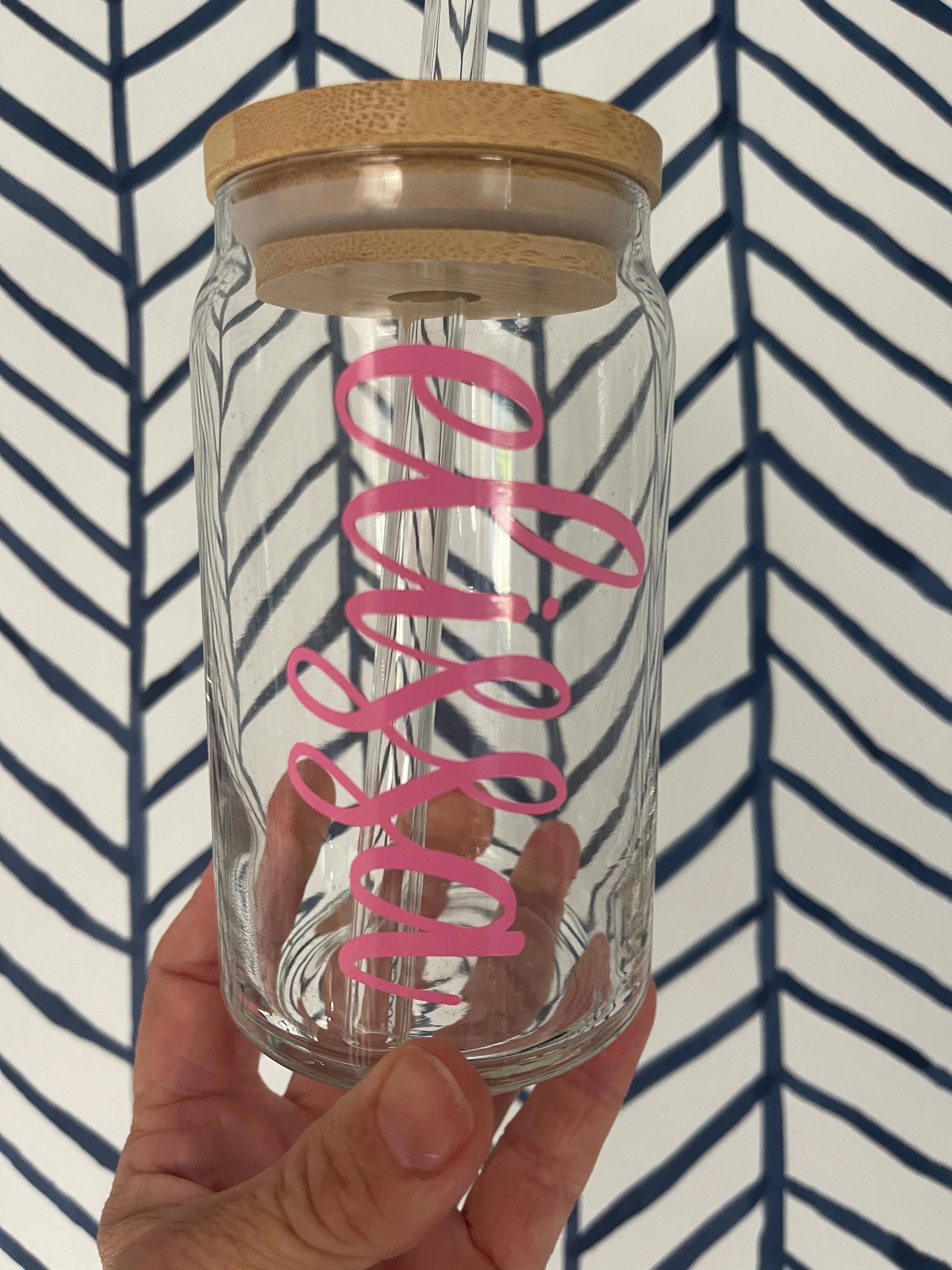 Custom Glass Mugs with Bamboo Lid and Straw Everything Labeled