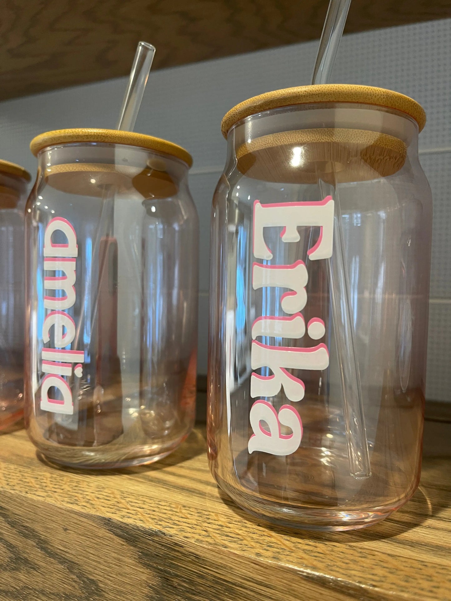 Custom Glass Mugs with Bamboo Lid and Straw Everything Labeled