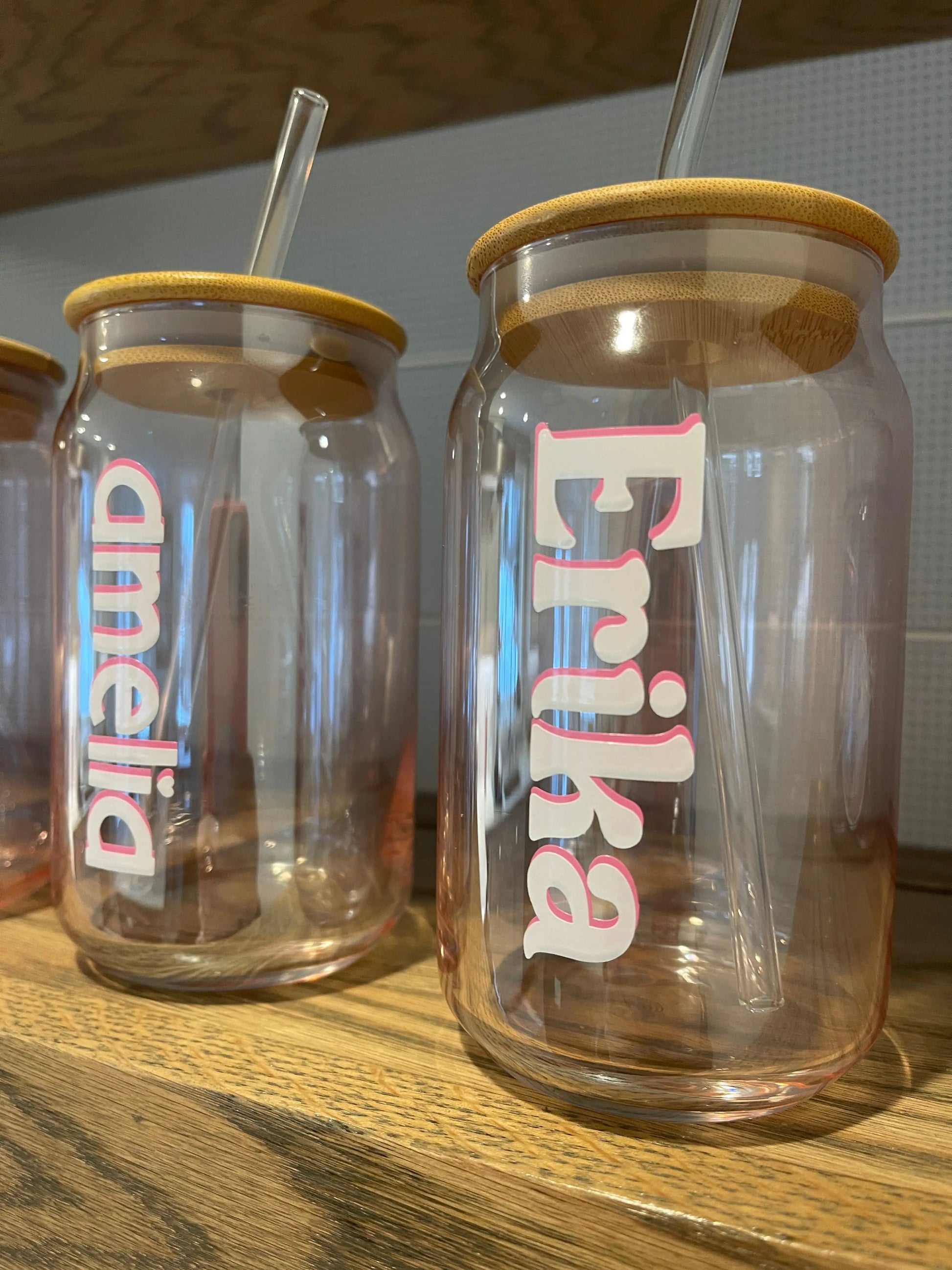 Custom Glass Mugs with Bamboo Lid and Straw Everything Labeled