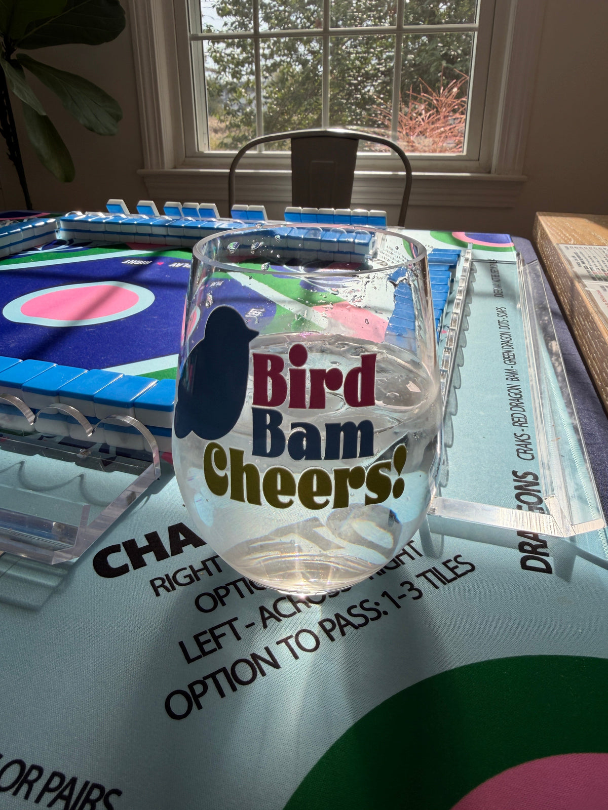 Bird Bam Cheers Bright Blue Mahjong Acrylic Wine Glass Everything Labeled