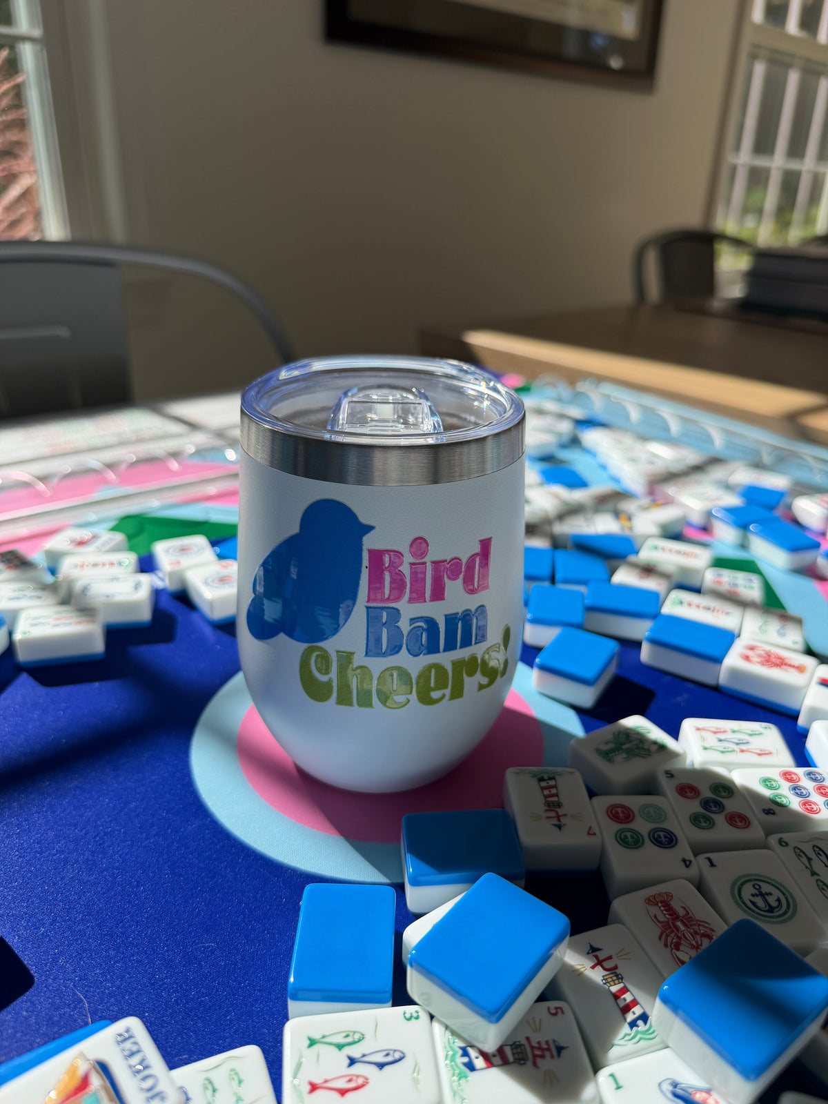Bird Bam Cheers Bright Blue Mahjong Short Stainless Tumbler Everything Labeled