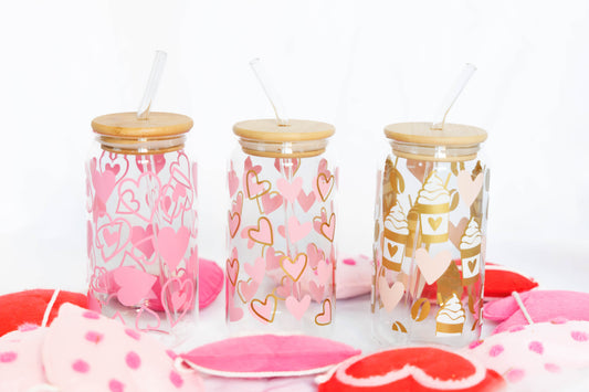 Valentine Hearts Glass Tumbler with Bamboo Lid & Straw