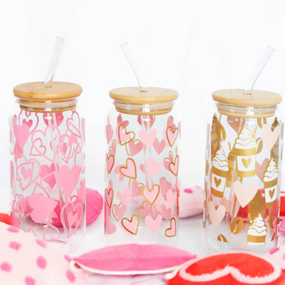 Valentine's Day Glass Tumbler with Bamboo Lid & Straw Everything Labeled