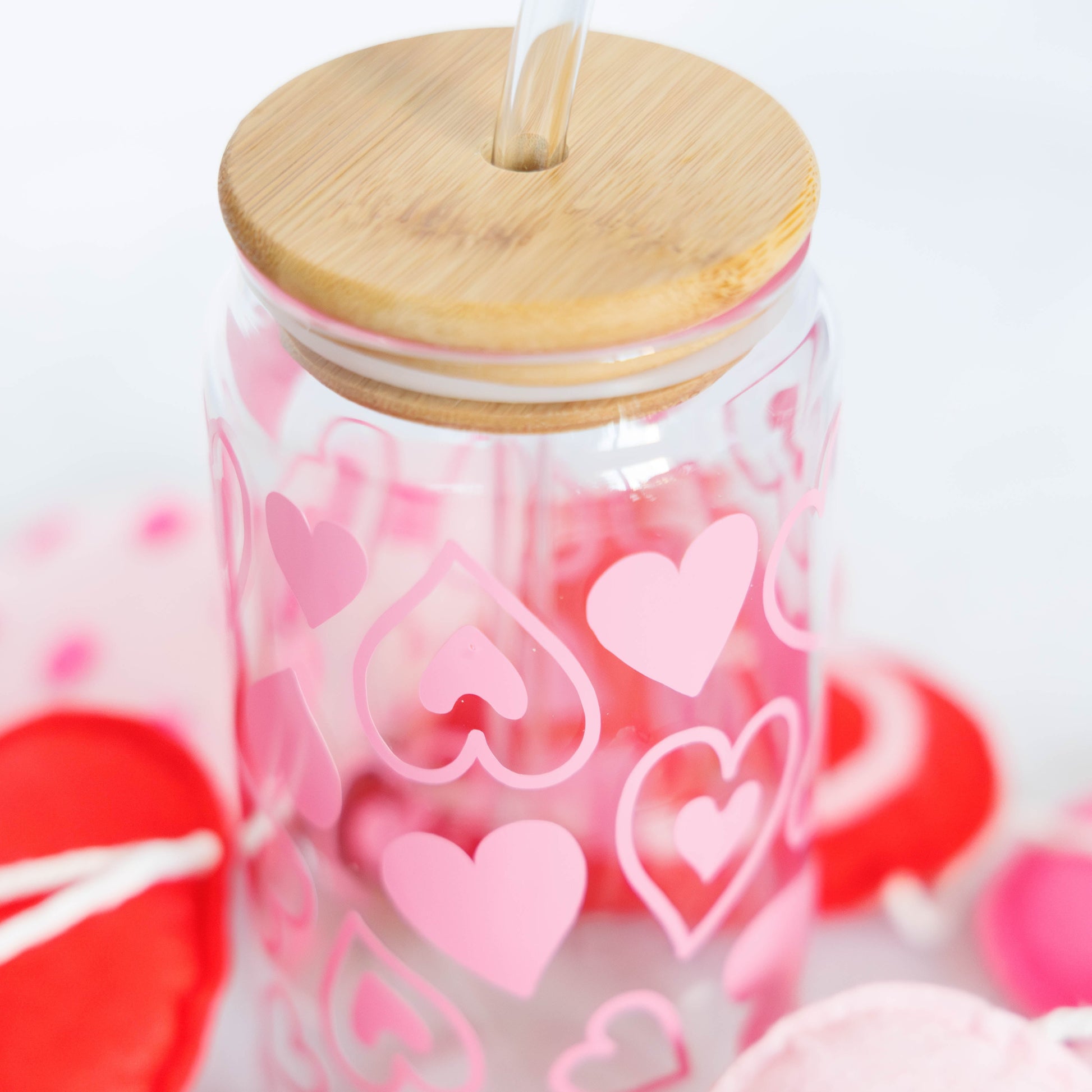 Valentine's Day Glass Tumbler with Bamboo Lid & Straw Everything Labeled