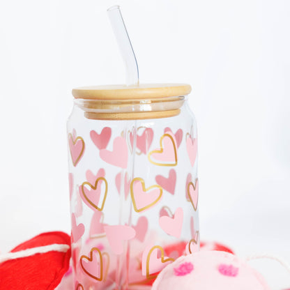 Valentine's Day Glass Tumbler with Bamboo Lid & Straw Everything Labeled
