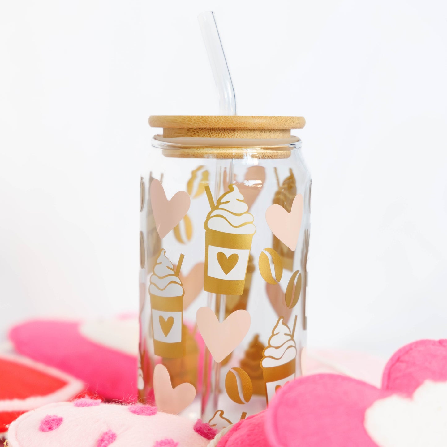 Valentine's Day Glass Tumbler with Bamboo Lid & Straw Everything Labeled