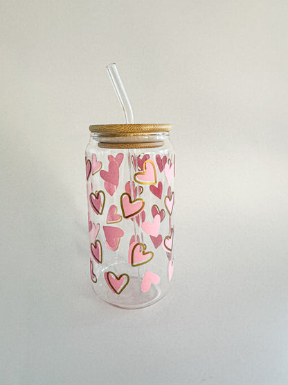 Pink and gold heart-patterned Valentine glass tumbler with bamboo lid and glass straw