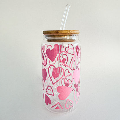 Valentine's Day Glass Tumbler with Bamboo Lid & Straw Everything Labeled