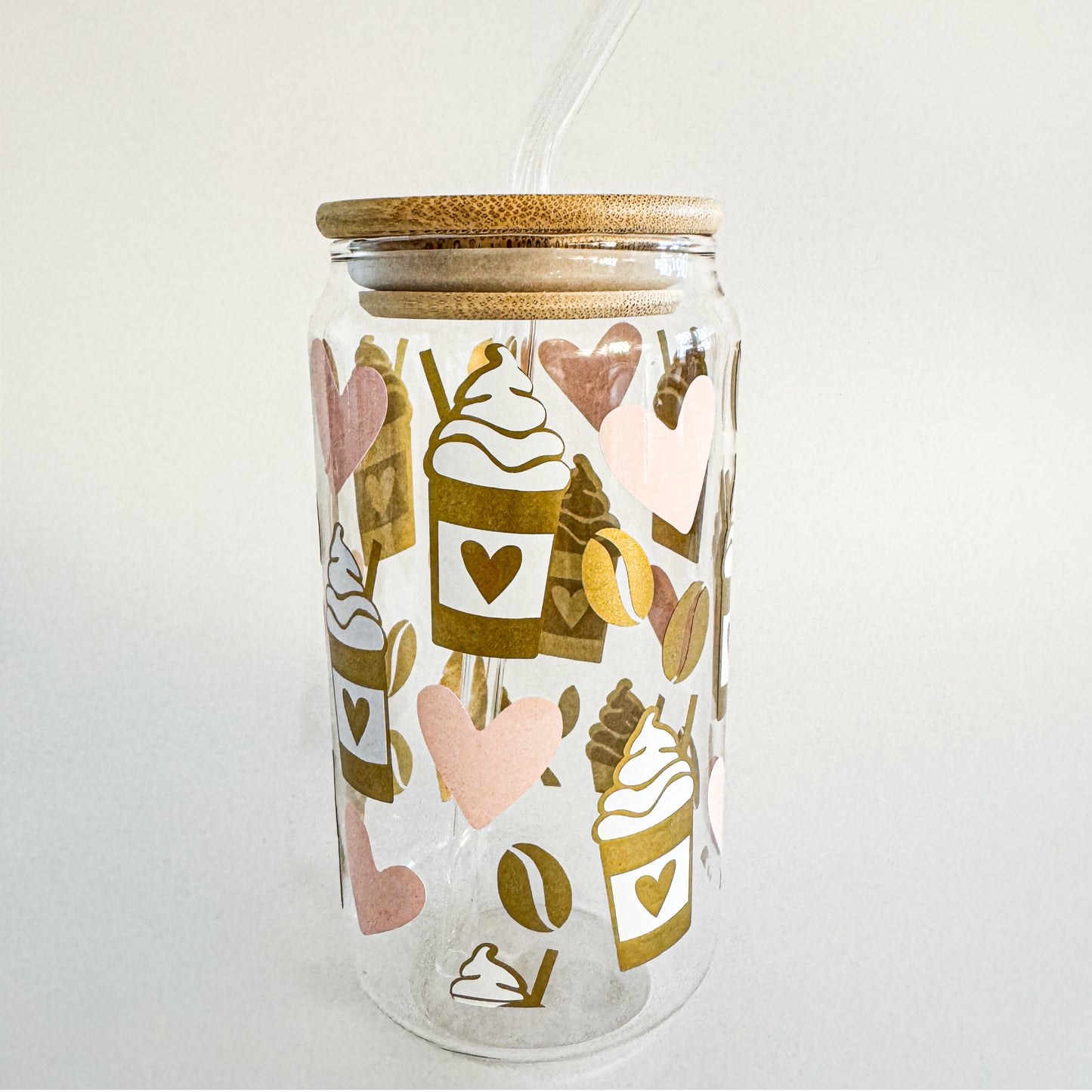 Coffee-themed Valentine tumbler with hearts, bamboo lid and glass straw