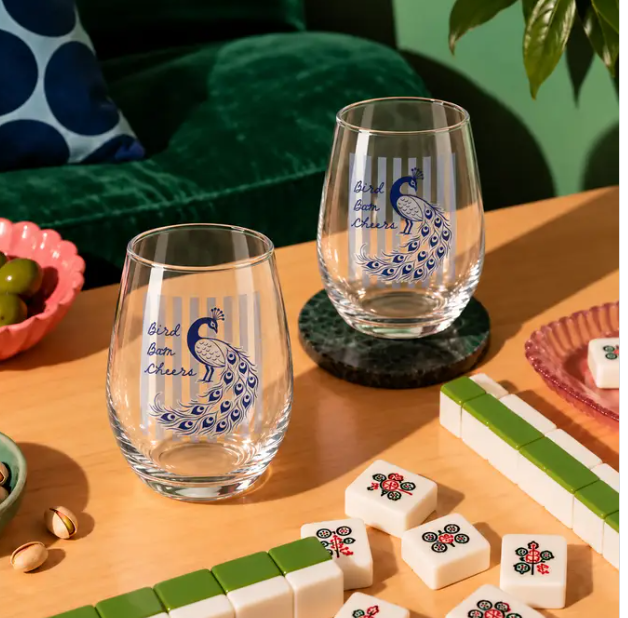 Mahjong Acrylic Wine Glass Bird Crak dot Everything Labeled