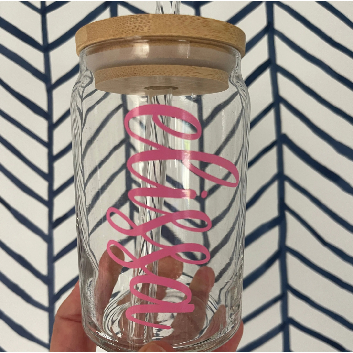 Custom Glass Mugs with Bamboo Lid and Straw Everything Labeled