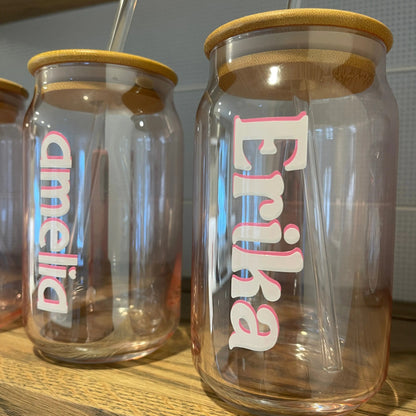 Custom Glass Mugs with Bamboo Lid and Straw Everything Labeled