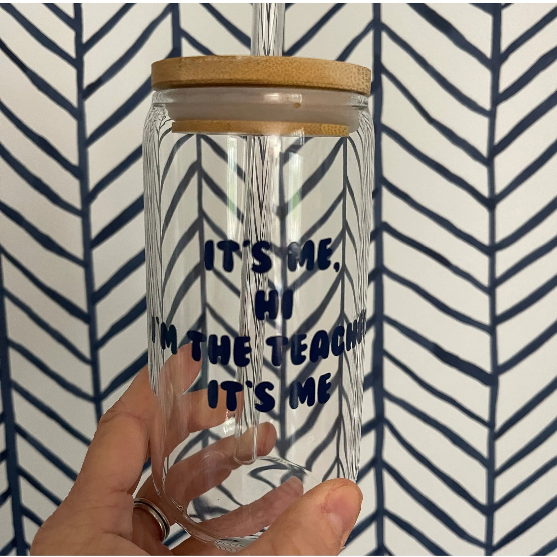 Custom Glass Mugs with Bamboo Lid and Straw Everything Labeled