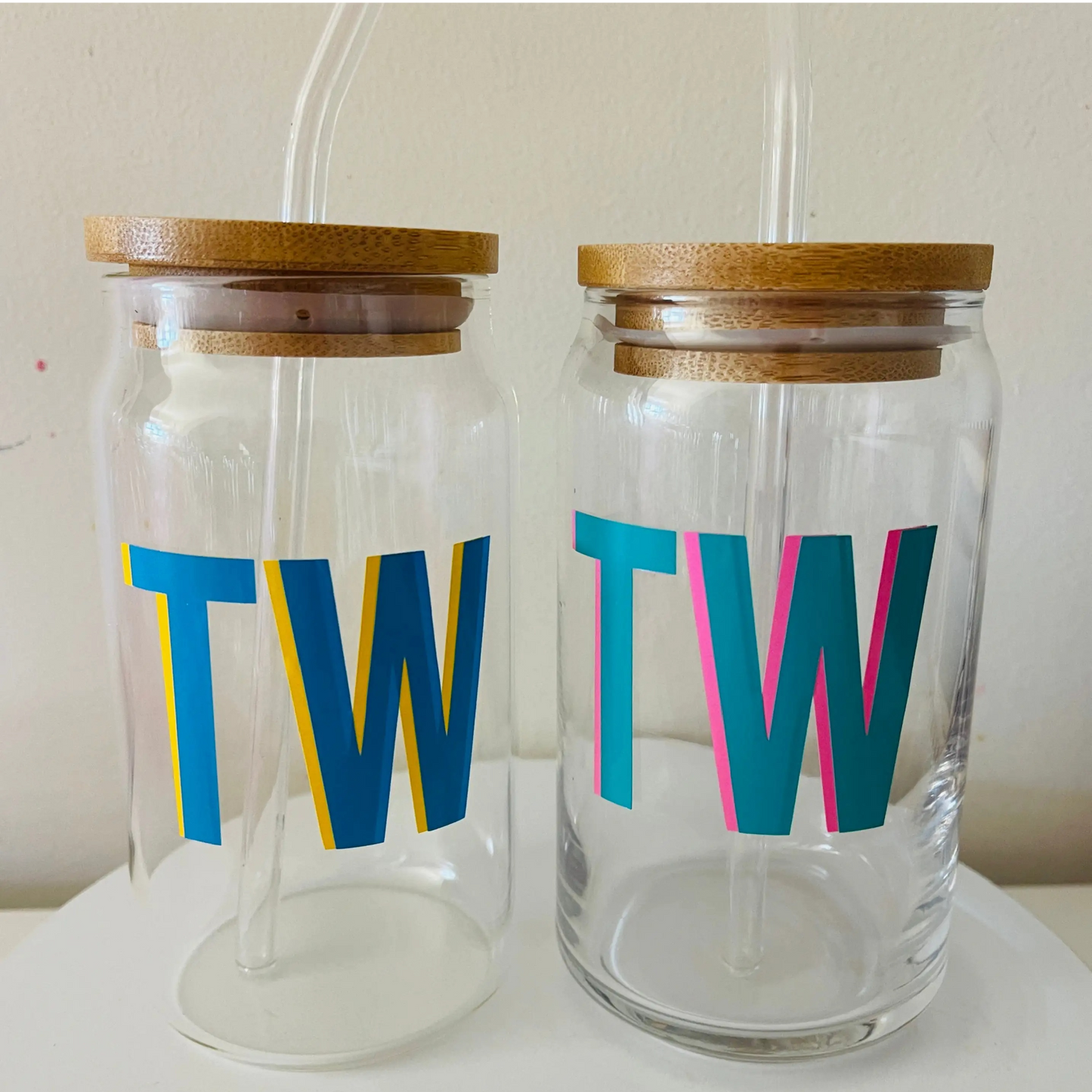 Custom Glass Mugs with Bamboo Lid and Straw Everything Labeled