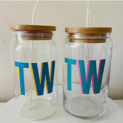 Custom Glass Mugs with Bamboo Lid and Straw Everything Labeled