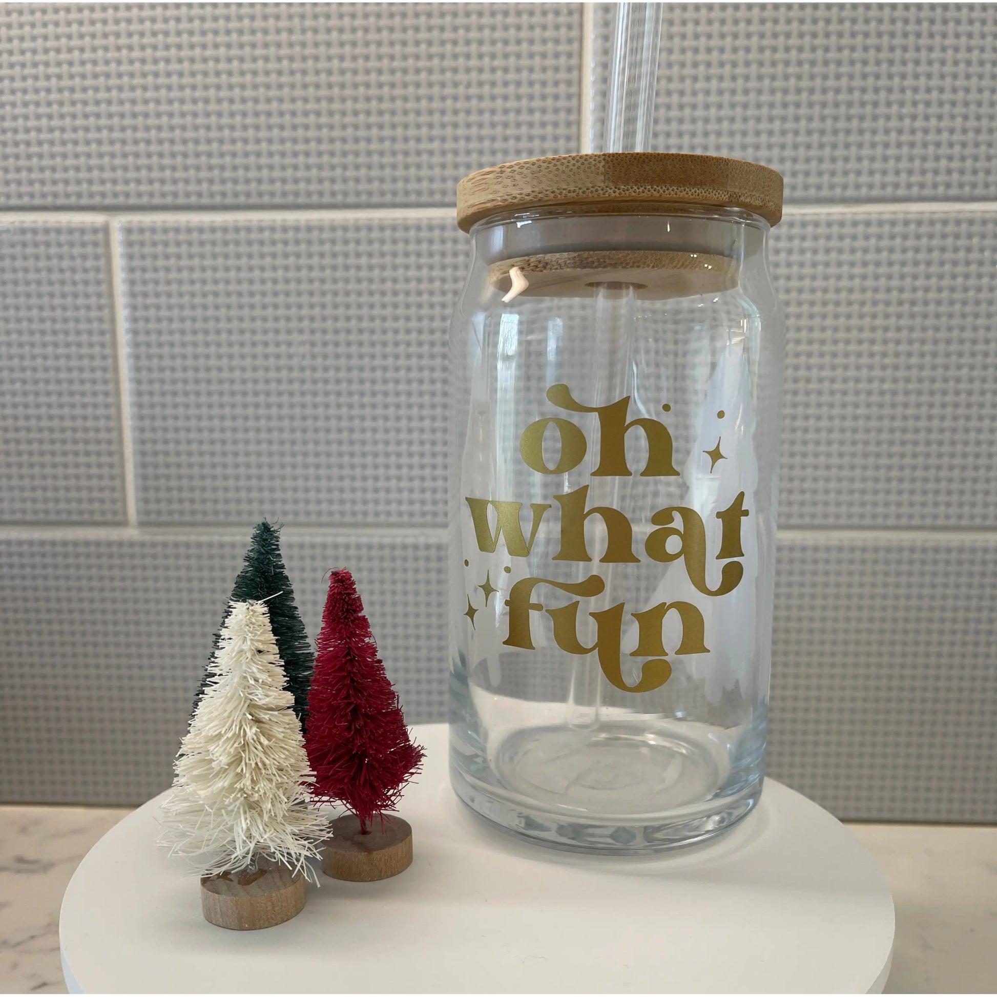 Custom Glass Mugs with Bamboo Lid and Straw Everything Labeled