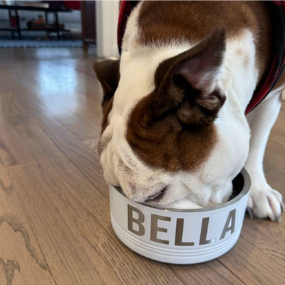 Dog eating from a white bowl labeled 'Bella' on a wooden floor.